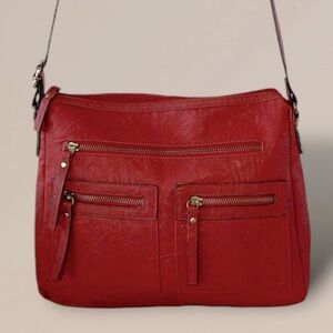 Bueno Multi Pocket Crossbody Red Pebbled Vegan Leather Brass Accents Adjustable
